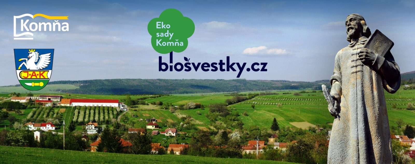 Panorama obce Komňa s pomníkem J. A. Komenského