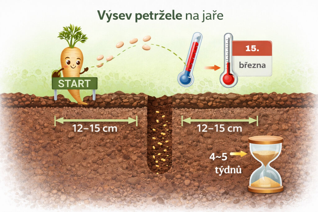 výsev petržele na jaře ilustrace správná hloubka a rozestupy řádků“