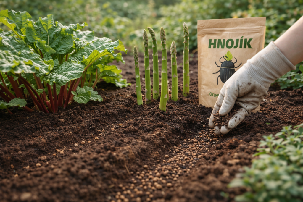 organické hnojivo Hnojík použití na záhon rebarbory a chřestu zahrada v březnu