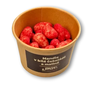 Mandle v bílé čokoládě a malině, 100g